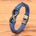 Blue braided leather bracelet with black stainless steel infinity symbol on wood surface - Blue Leather Black Clasp