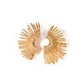 Macro detail of gold geometric sunburst earrings with a sparkling central crystal inlay - Fan-shaped Sunburst Style (JDE2312039) / Gold