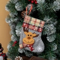 Calza di Natale in juta grigia con renna 3D e bordo scozzese appesa all'albero - Calza di Natale Renna a Quadri / Grigio