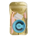 Macro detail of reusable #105A false eyelashes set with pink tweezers and brush in gold pouch - Style #105A Set