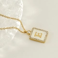 18K gold plated stainless steel square pendant necklace featuring letter E shell inlay - Gold-E