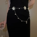 Silver waist chain with white acrylic flowers and pearls worn on a black dress - Silver Flower Artificial Pearl Pendant Style (40#)