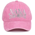 Close-up of gray NANA floral embroidery on a washed pink cotton baseball cap fabric - Pink