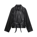 Giacca corta da donna in ecopelle nera con maniche lunghe e cintura da annodare - XS / Nero