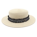Detail of flat-top straw boater hat with tweed band and golden M-logo metal plate - M (56-58cm) / Beige