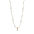 Detail of white irregular pearl necklace with a gold-tone round stone pendant focal point - 925 Sterling Silver / Gold-6 Prong