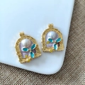 Vintage gold arch pendant with purple enamel, blue flower and white pearl inlay - 【B-24】Purple Arch Window Pearl