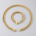 Polished golden Cuban link chain necklace and bracelet set with secure spring clasps - Double Woven Chain (Gold)