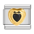 Italian modular bracelet link in silver steel featuring a gold heart and black gem - Black Rhinestone (C1527) / Gold