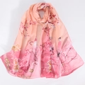 Sciarpa lunga in chiffon rosa con stampa di fiori e uccelli piegata a ventaglio - 150*50cm / Viola e Giallo