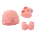 Pink newborn baby set with knitted hat, bow booties and scratch mittens on white background - Deep Pink Bear - 3-Piece Set