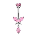 Silver belly button ring featuring pink zirconia butterfly and teardrop stone - Style 11/Silver Pink Butterfly Pendant
