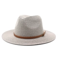 Neutral Panama fedora hat in woven beige straw with flat brim and brown leather strap - M (56-58cm) / Gray