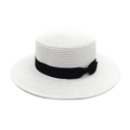 Classic white woven boater hat with black grosgrain ribbon and flat top brim - M (56-58cm) / Pure White