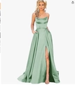 Elegant sage green satin long dress with spaghetti straps and a sexy side high slit - US size 12 (L) / Top And Bottom / Sage Green