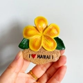 3D Yellow Plumeria Flower Hawaii Souvenir Fridge Magnet with Green Leaves on Beach Base - (37) Hawaii Yellow Flower