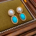 Vintage gold earrings with faux pearl and turquoise gemstone in an ornate wooden frame - 54# Silver Pin Resin Round Faux Pearl Twist