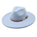 Light blue wide brim wool fedora with brown leather band and golden metal buckle - M / Sky Blue