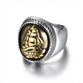Men's nautical sailing ship signet ring in two-tone silver and gold plated steel - US 7 / Gold & Silver
