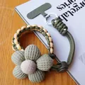 Sage green woven floral wrist strap for mobile phones with pink center flower charm - Army Green Apricot Style (With Green Patch)