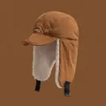 Dark brown windproof trapper hat with warm white faux shearling lining and earflaps - One Size (55-58cm) / Caramel color
