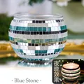 Handmade Blue Stone mosaic glass candle holder with teal and silver tile patterns - Blue Mountain Stone