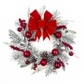 Flocked Christmas wreath with large red velvet bow and silver ornaments on white background - 50CM Red Flocked Wreath