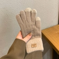 Winter thermal touch screen knitted gloves in beige and camel color block style - Full Finger Style / Khaki