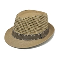 Men's khaki straw fedora hat featuring breathable mesh crown and striped band decoration - M / Dark Khaki (Mesh Webbing)