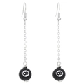 Silver drop hook earrings featuring black Billiard Number 8 ball charms on long chains - Number 8 Earrings