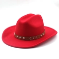 Detail of red wool felt fedora with brown leather band and silver metal studs - M (56-58cm) / Red
