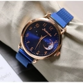 Elegant ladies quartz watch with blue sunray dial and moon phase on silk background - Blue