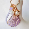 Ocean style purple shell keychain with rhinestones, pearls and lavender leather cord - Heart Lanyard / Purple