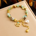 Pulsera de cuentas hecha a mano con piedras naturales, perlas y colgantes de corona oro - Estilo Corona Perla Corazón (B1463)