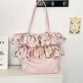 Pink floral ruffle tote bag with retro rose patterns and shoulder strap design - Pink Peony