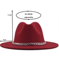 Classic burgundy wool fedora hat with stylish silver metal chain and adjustable strap - M (56-58cm) / Red