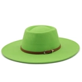 Detail of lime green wool felt hat featuring a decorative brown leather buckle band - M (56-58cm) / Fruit Green