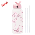 White stainless steel sports bottle with pink bow print, straws and cleaning brush - Ivory White 23K1