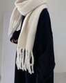 Solid white imitation cashmere scarf with thick knit texture and long tassels - White