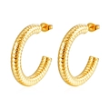 Detailed close-up of golden hoop earrings featuring a textured diamond-cut pattern surface - Hammered Texture Hollow C-Shaped Gold (MS-527B)