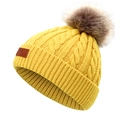 Kids chunky knit beanie with large faux fur pompom in bright yellow and leather patch - Yellow