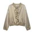 Women's trendy champagne gold satin bomber jacket with ruffled front and zipper closure - XS / Camel