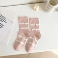 Dusty rose pink cotton crew socks with white floral pattern and ruffled cuffs - One Size / Pink Small White Flower