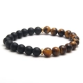 Elastic beaded bracelet featuring matte black onyx and brown tiger eye stones with gold spacers - Brown + Black 8MM