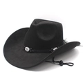 Thick suede western cowboy hat in black with floral buckle and adjustable wind rope - Black