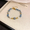 Handmade bracelet with baroque pearls and blue natural stones on golden chain - Gold Blue Pearl Aquamarine Bracelet (#3)