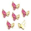 Set of 6 gold stainless steel pink enamel butterfly charms with clear rhinestones - No.3 Butterfly / 20x24mm / Rose Red