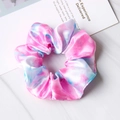 Pink and blue tie-dye satin scrunchie on marble background for women and girls - Tie Dye Plum