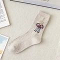 Japanese style beige mid-calf wool nep yarn socks featuring a cute cartoon bear design - Off-white Bear