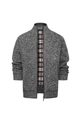 Close-up of grey knit cardigan with stand collar and classic plaid pattern lining - Light Gray